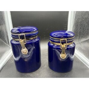 SAC Cobalt Blue Ceramic Canister Set 2 Piece Glossy Gold Tone Clamp Lid Storage
